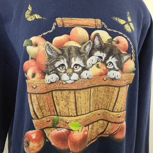 Vintage cat sweatshirt kittens apple basket fall harvest navy blue size large - Picture 3 of 6